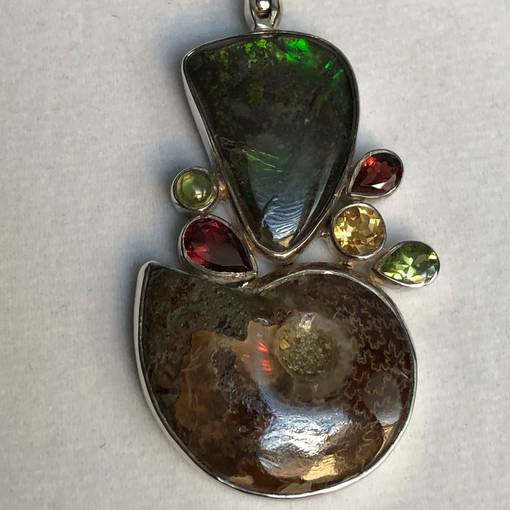 Ammolite Fossil, Ammonite Shell, Multi-Gemstones in Rhodium Pendant
